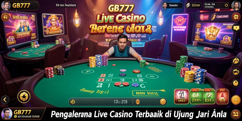 Screenshot utama GB777 menampilkan dealer langsung dan permainan kasino yang menarik.