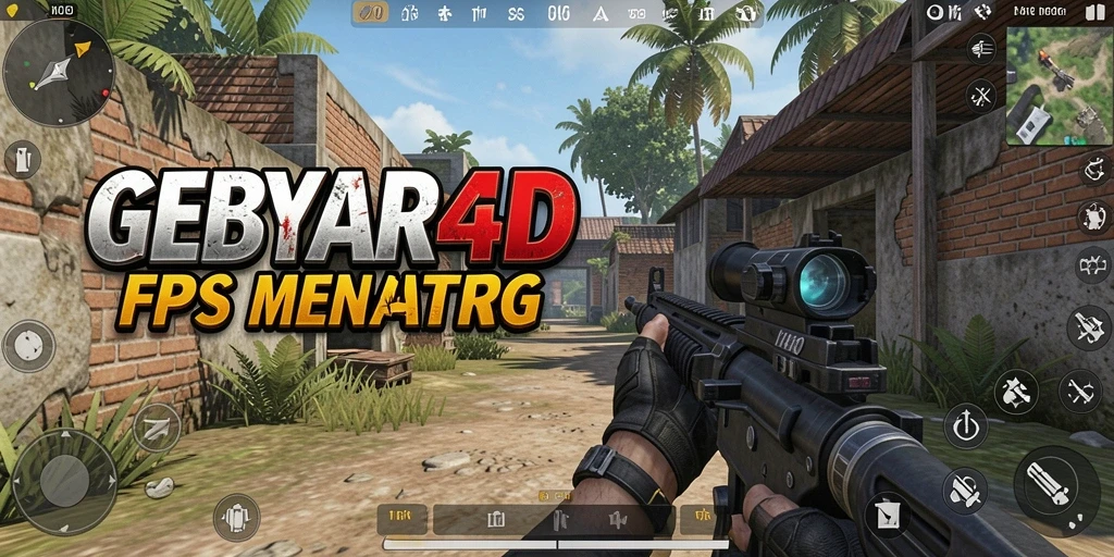 Screenshot permainan GEBYAR4D menampilkan aksi pertempuran FPS yang seru.