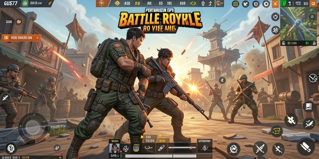 Screenshot GUS77 menampilkan aksi pertarungan Battle Royale yang intens.