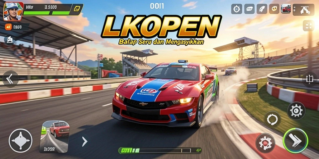 Screenshot utama dari gameplay LKOPEN yang menampilkan balapan seru dan cepat.
