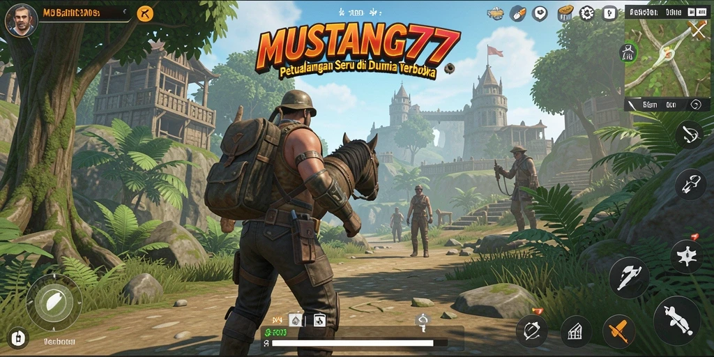 Screenshot gameplay MUSTANG77 yang menunjukkan eksplorasi dunia terbuka.
