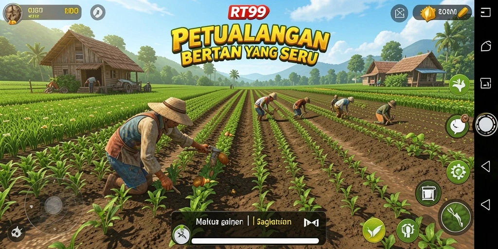 Tangkapan layar gameplay RT99 menampilkan momen seru bertani.
